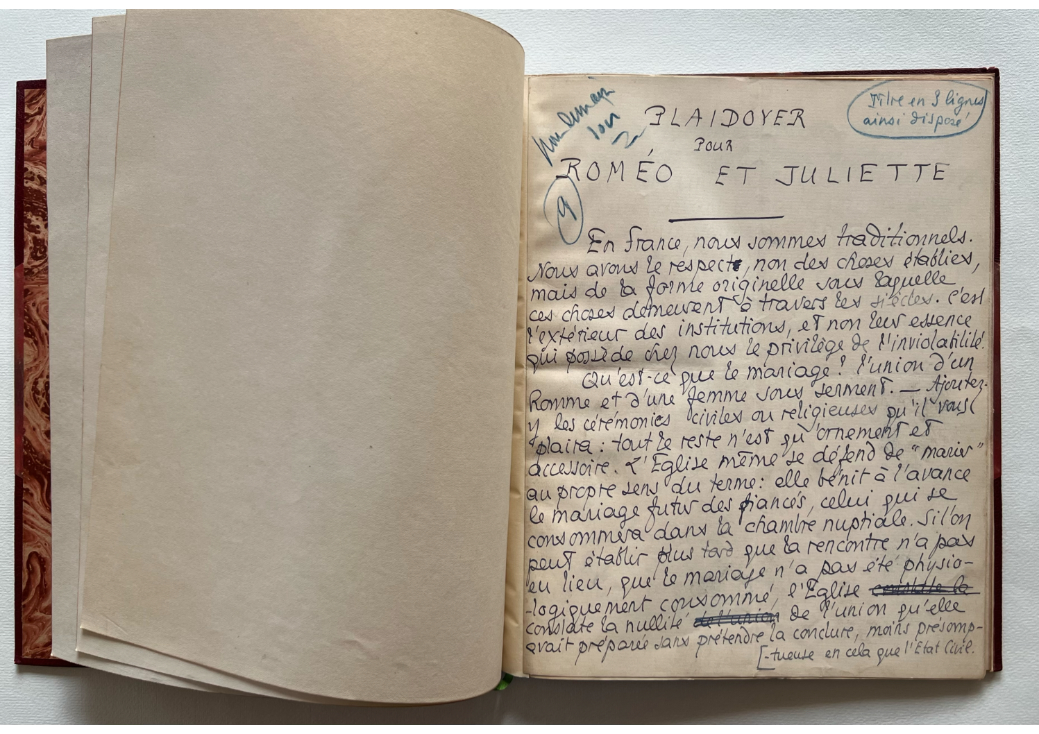 Pierre Louÿs. Plaidoyer pour Roméo et Juliette. Manuscrit.
