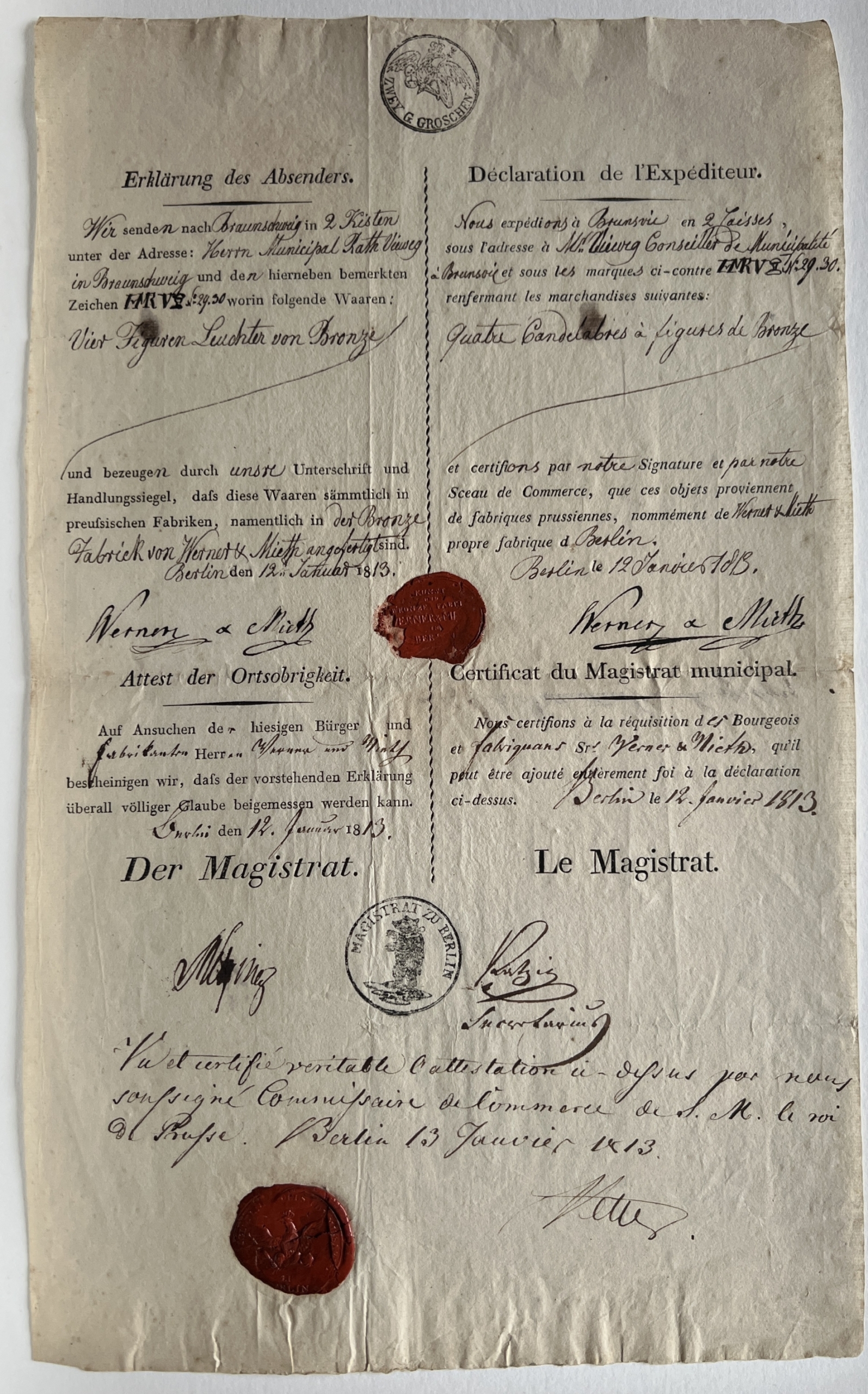 Werner & Mieth - Déclaration d'expédition.