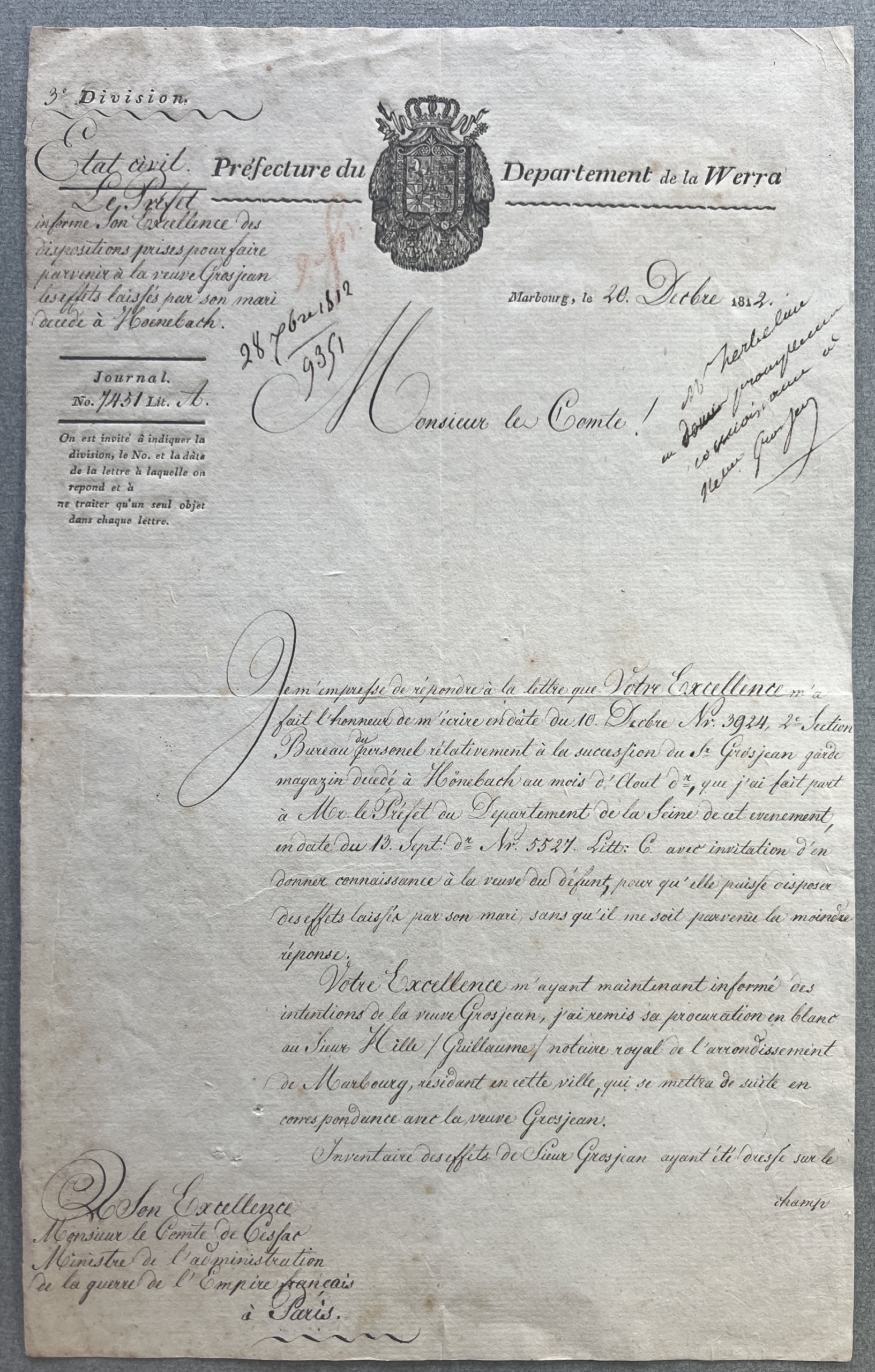 Baron de Keudel. Royaume de Westphalie. Succession Grosjean.