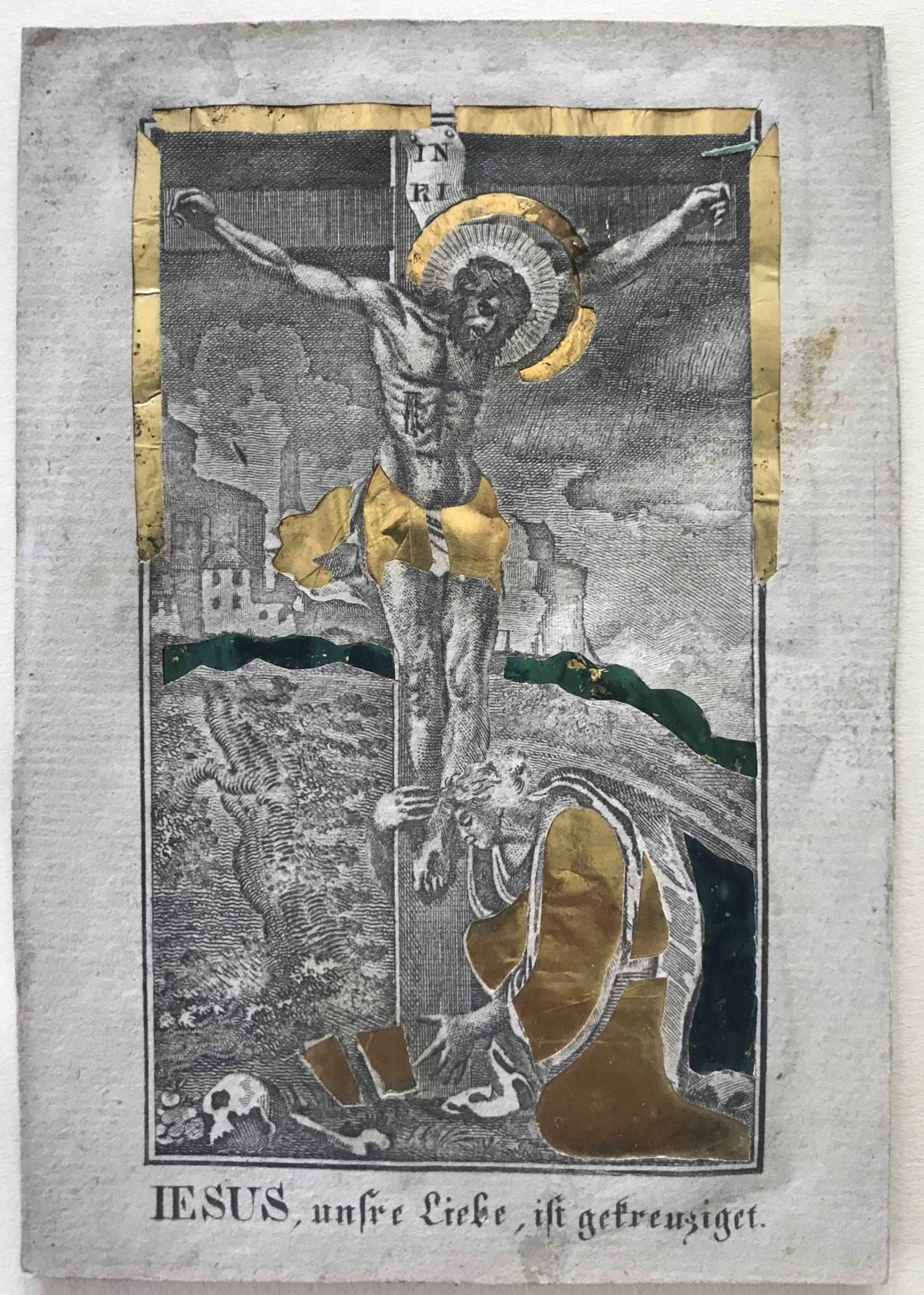 Jésus sur la croix, pleuré par Marie-Madeleine. Spickelbild.