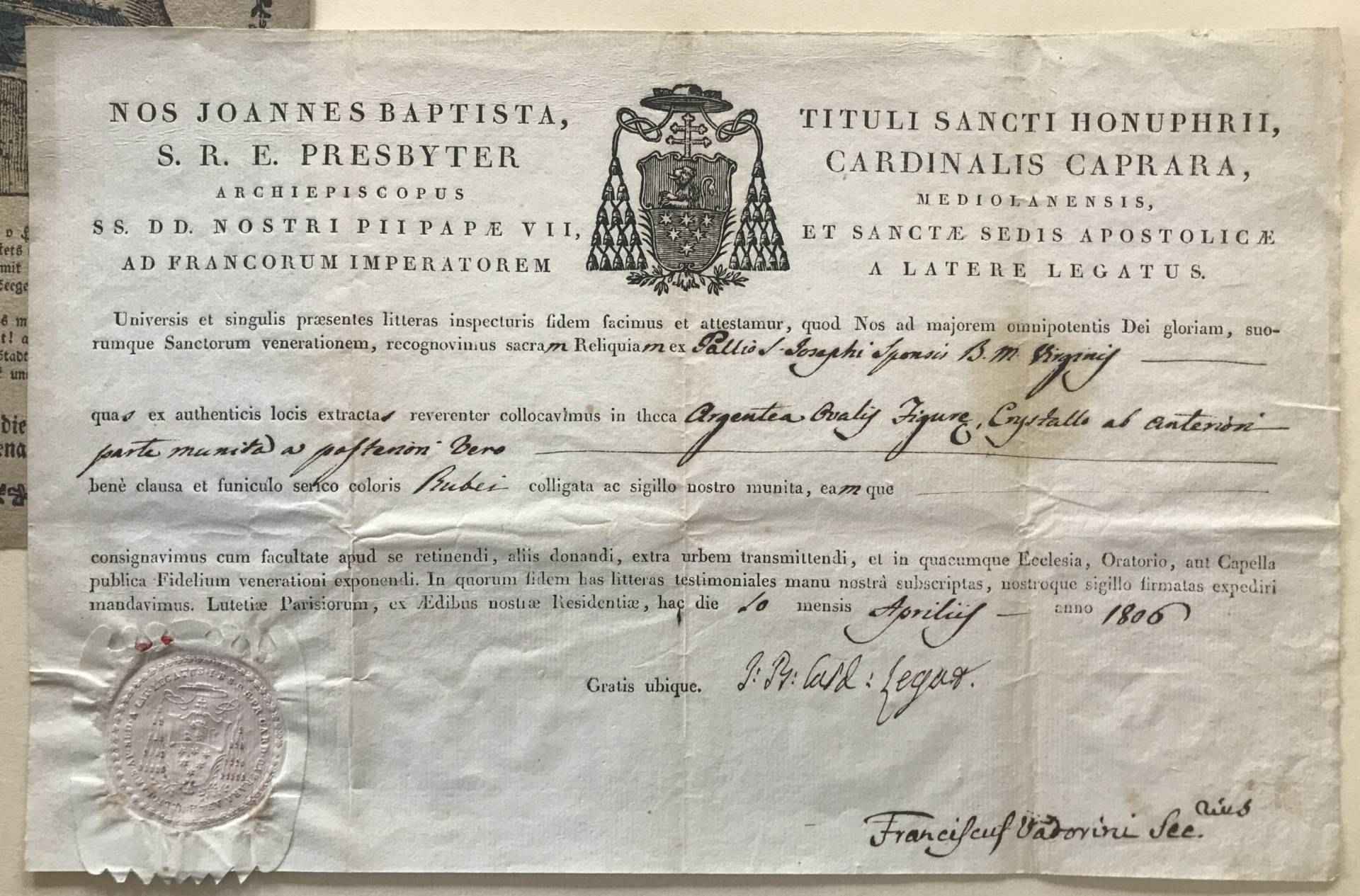 Reconnaissance de la Sainte relique du pallium de Joseph.
