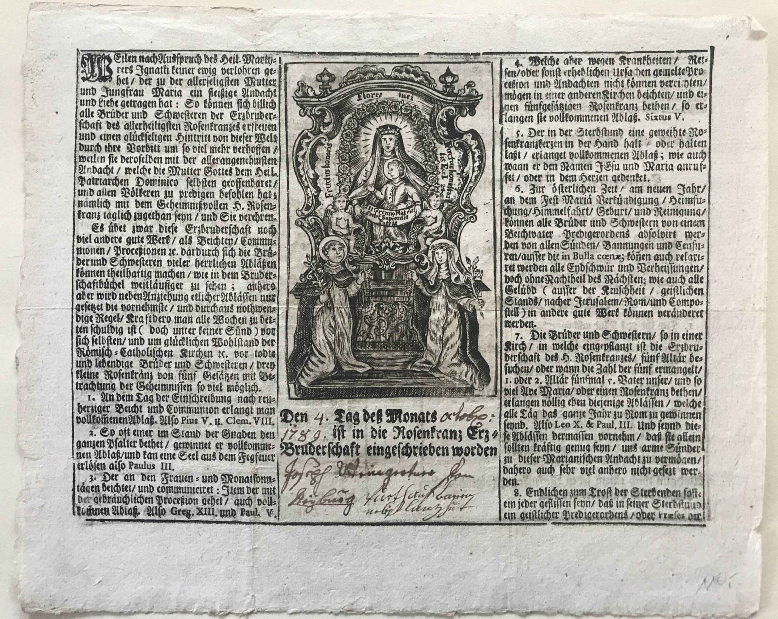 Certificat d'admission à la Confrérie du Très Saint Rosaire.