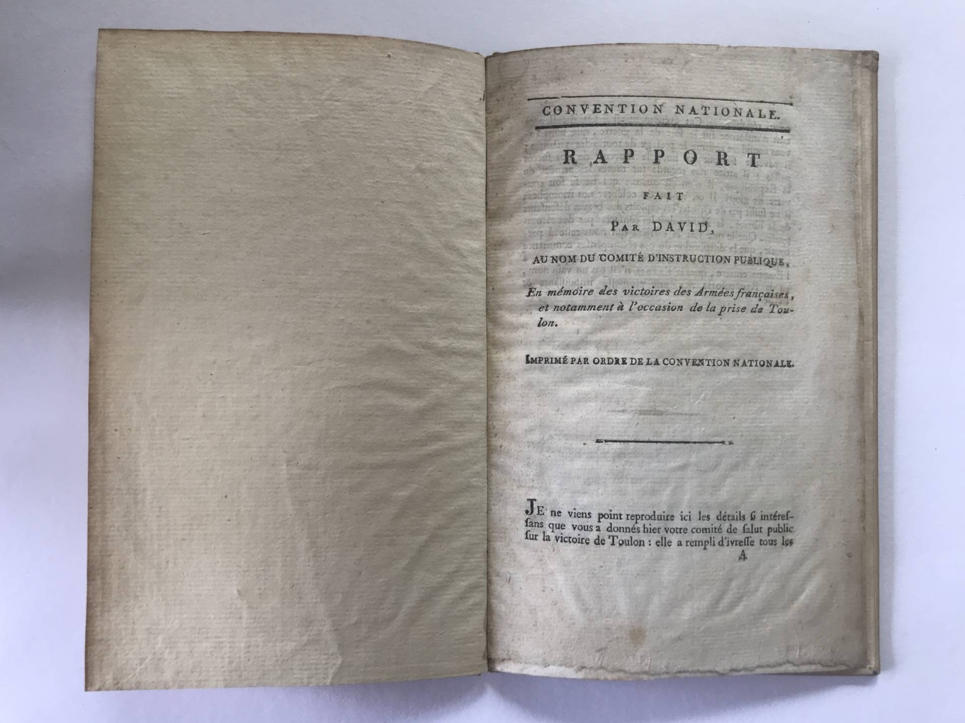 David. Bataille de Toulon. Rapport  (...) en mémoire des victoires des Armées françaises.