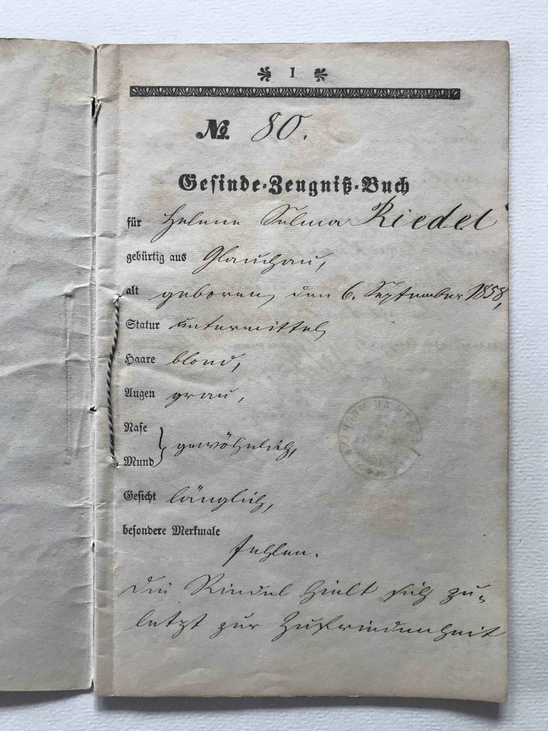 Gesinde-Zeugniss- Buch. Livre de certificats de service.