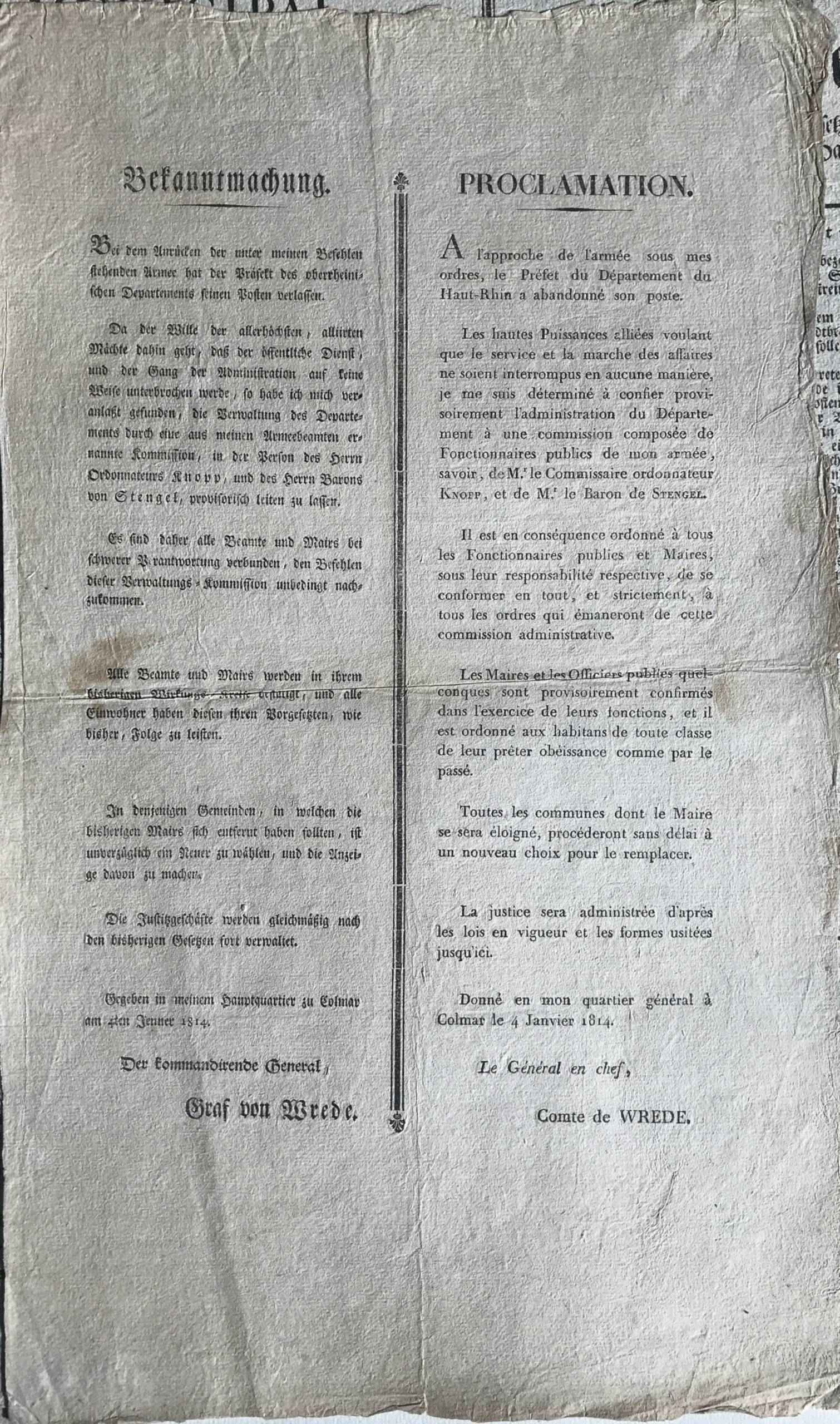 Colmar. Placard. Comte de Wrede. Proclamation.